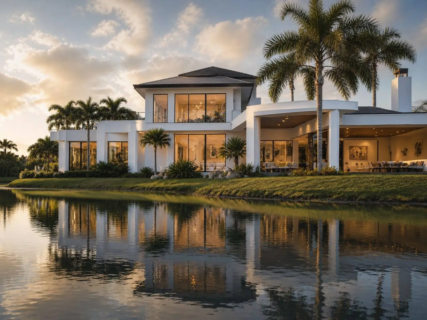 Modern lakefront home in Florida at golden hour